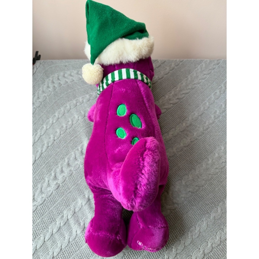 Barney The Dinosaur Vintage 18" Purple  Plush With Green And White Striped Scarf - Picture 6 of 8